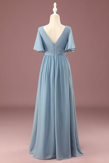 A-line Chiffon V-Neck Floor Length Short Sleeves Junior Bridesmaid Dress